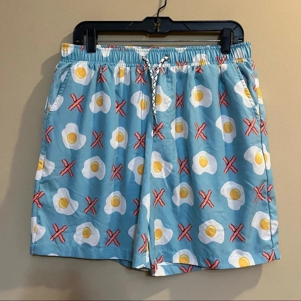 Mosmann Australia Blue Bacon Eggs Swim Trunks Men's Board Shorts Sz XL Lined